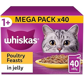 WHISKAS 1+ Adult Wet Cat Food Poultry Selection | 40 x 85g Jelly Pouches Bulk Megapack