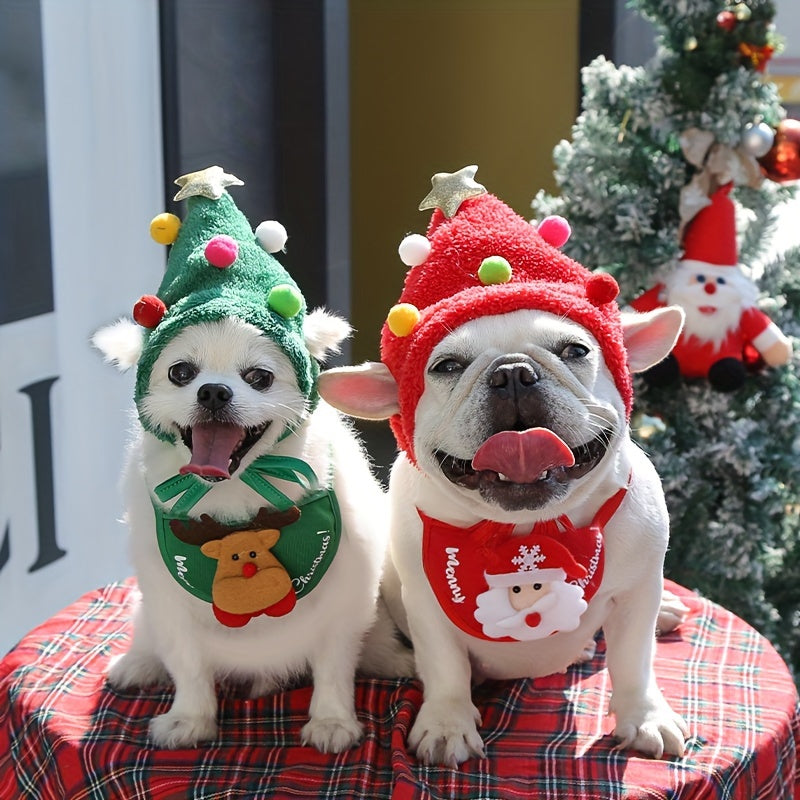 Dog Cute Christmas Hat And Bib Santa Claus Graphic Dog Scarf Soft And Comfortable Dog Scarf And Hat Suitable For Small Cats And Dogs Weighing Up To 68 KG