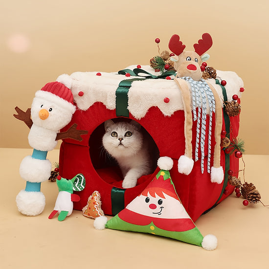 Festive Christmas Gift Box Style Cat House  Condo with Playful Teaser Ball  Cozy Winter Warmth Pet Bed for Cats and Small Dogs Polyester Fiber No Assembly Required